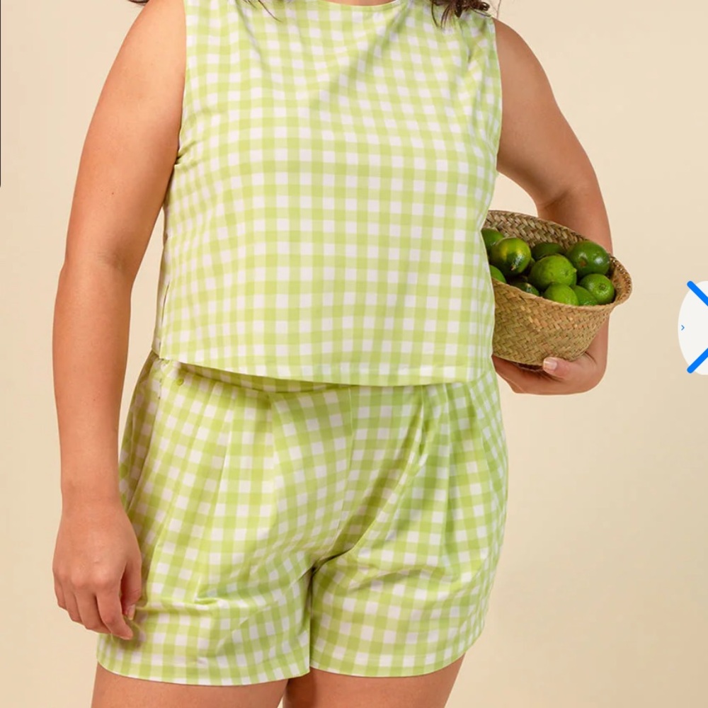 Wayre Two Piece Lime gingham Plaid Boxy Snap Tank With Travel Pocket Flow Shorts - Picture 2 of 13